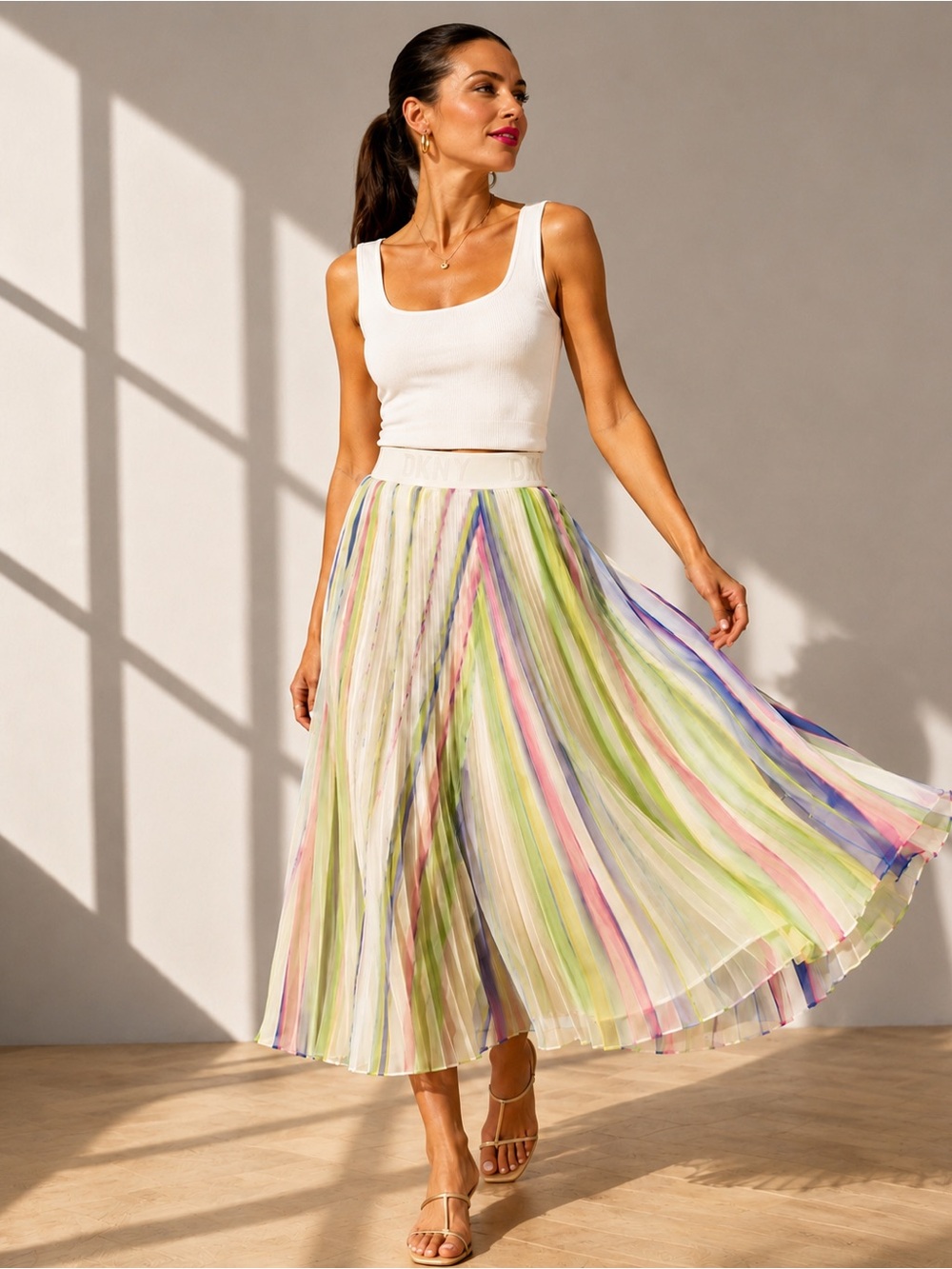 DKNY Scissor Pleated Pastel Stripe Midi Skirt L Y2K Resort Art Print